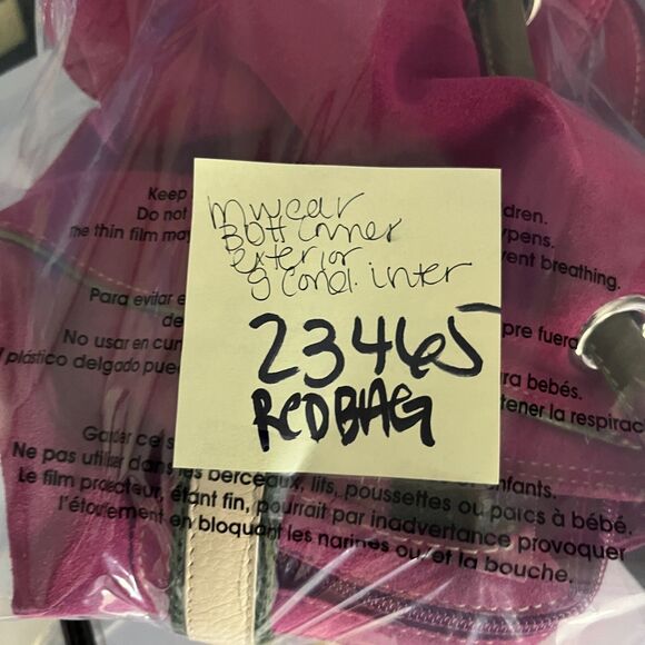 Cole Haan Fuchsia Suede Shoulder Bag Olive Trim Leather Strap Boho Slouchy Tote - Picture 13 of 14